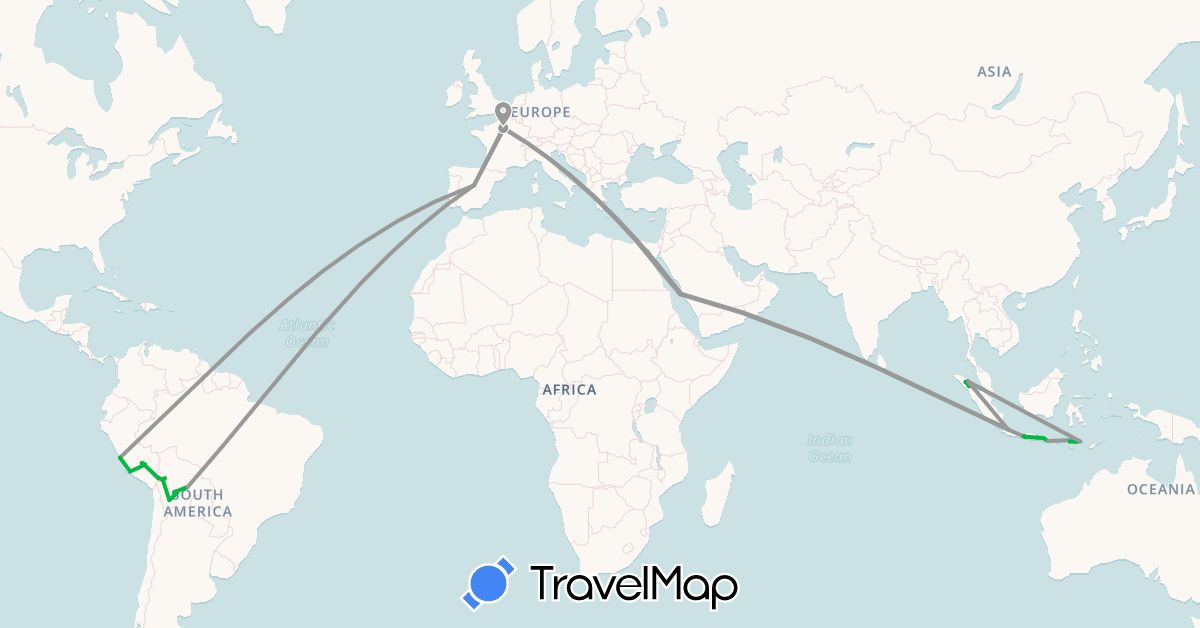 TravelMap itinerary: driving, bus, plane, hiking, boat in Bolivia, Spain, France, Indonesia, Peru, Saudi Arabia (Asia, Europe, South America)